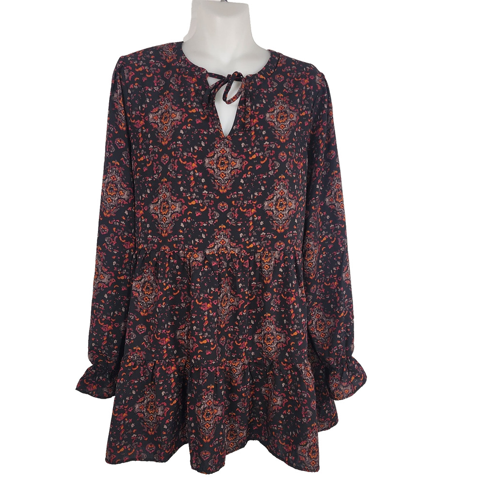 Maurices Womens Medallion Print Tiered Tunic Blouse Multicolor Black Size Small